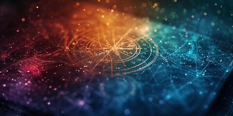 Abstract cosmic background featuring geometric patterns and celestial elements in vibrant colors, perfect for artistic and mystical themes.