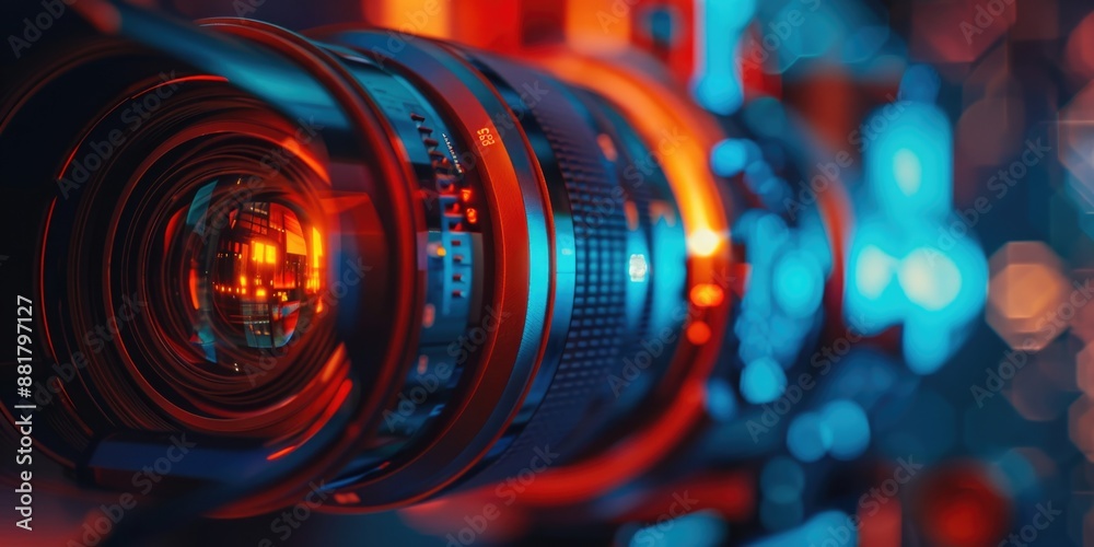 Poster a close-up shot of a camera lens sitting on a table, ideal for use in product photography or showcas