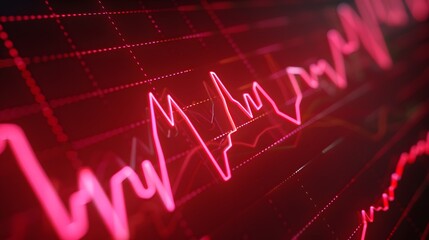 Fototapeta premium Red financial graph showing market trends and fluctuations, representing economic analysis and business performance. Abstract blur background.