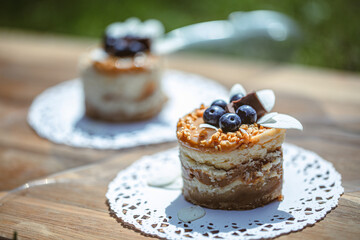 Piece of delicious cheesecake with caramel 
