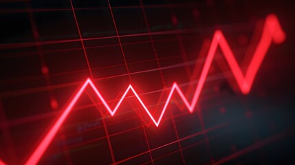 Red glowing financial graph illustrating upward trend on black background. Concept of stock market, data analysis, business growth. Abstract blur background.
