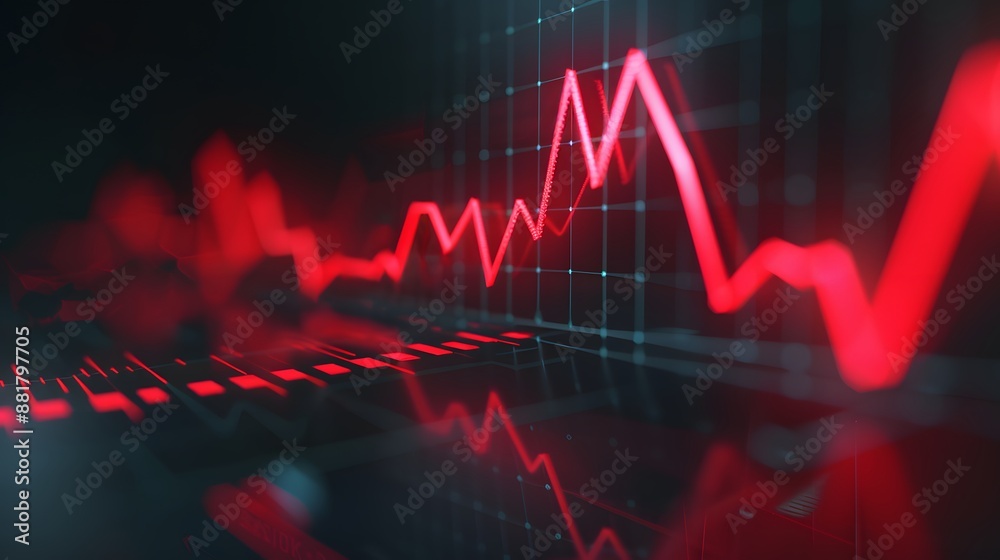 Poster red stock market graph display with fluctuating lines representing market data analysis on a digital