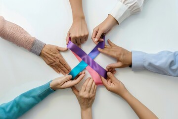 Obraz premium Cancer awareness support, hands holding ribbon, abstract background Generative Ai