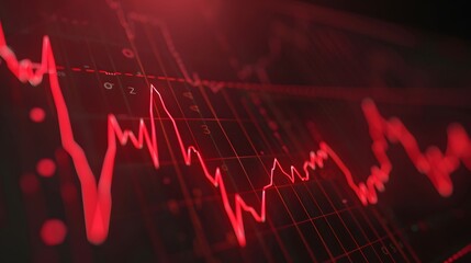 Fototapeta premium Red stock market graph indicating a downward trend or market crash. Economic recession, financial loss. Dark background. Abstract blur background.