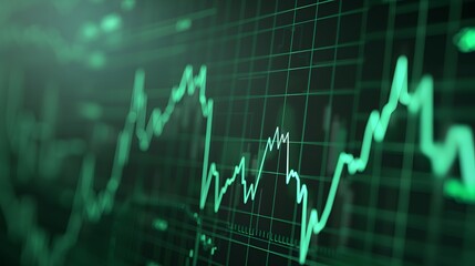 Stock market graph showing financial trends, displaying upward and downward fluctuations on a green digital screen. Abstract blur background.