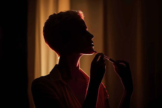 Silhouette of young elegant female with short hair and closed eyes holding lipstick in front of her face while going to apply it in darkness
