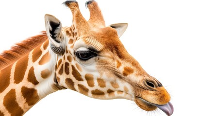 Obraz premium A giraffe is licking its tongue. The giraffe is brown and white