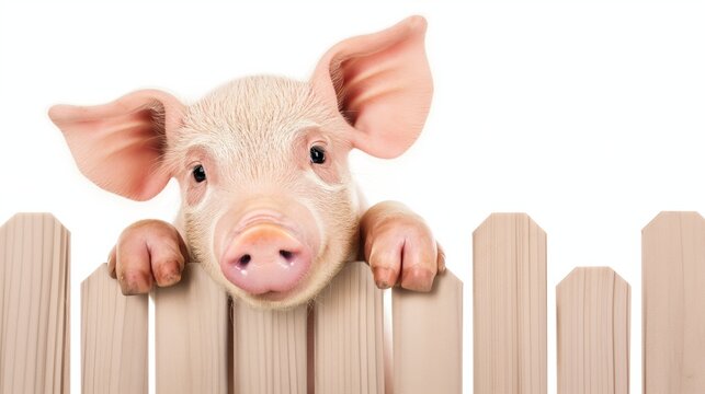 A pig is peeking over a wooden fence. The pig is looking at the camera and he is curious