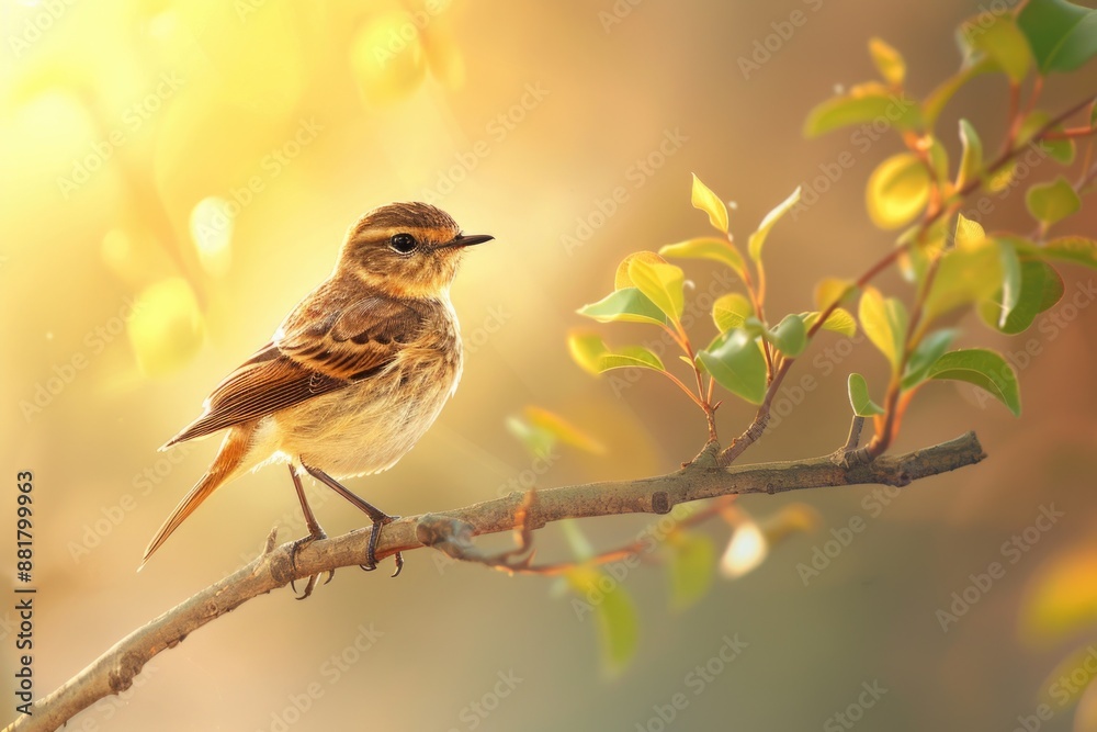 Poster a small bird sits on a branch of a tree, looking around