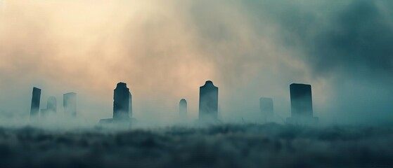 Obraz premium A foggy city skyline at dawn, with high-rise buildings emerging through the dense mist under a soft, ethereal light.