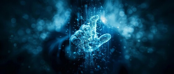 A futuristic digital hand reaching out, surrounded by glowing lines and particles, symbolizing technology, innovation, and virtual reality.