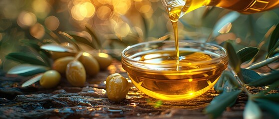 Golden olive oil being poured into a glass bowl surrounded by olives and olive branches in a warm, sunlit setting.
