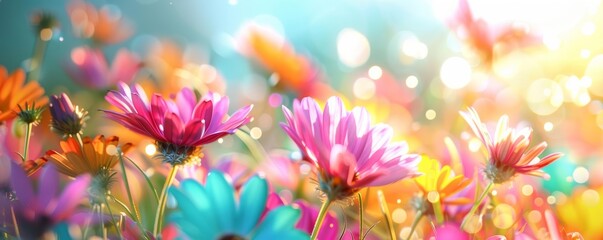 Fototapeta premium Brightly hued flowers in a garden bed, detailed macro shot, vibrant hues, serene natural interaction
