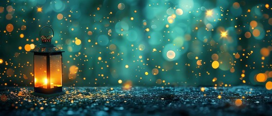 A glowing lantern against a dreamy background of bokeh lights, evoking warmth and peacefulness in a magical night setting.