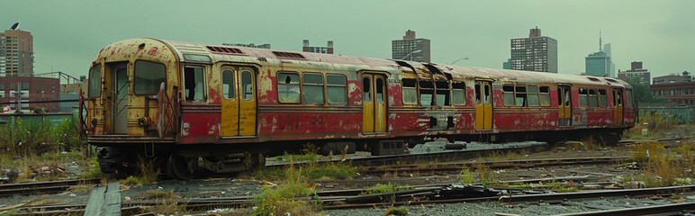 Obraz premium Abandoned Vintage Train Carriage in Urban Decay Setting with Overgrown Tracks