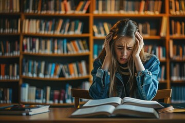girl sitting at a bright modern library table with shelves of books in the background