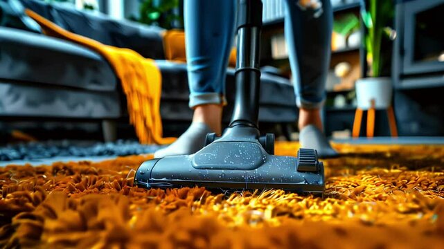 Water vacuum cleaner. Close-up of a woman mopping the floor at home with a vacuum cleaner, close-up.	
