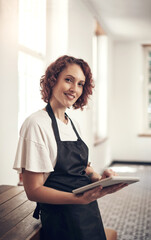 Smile, portrait and woman with tablet at hairdresser for appointment, information or client...