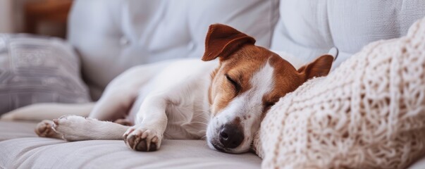 Obraz premium A dog is sleeping on a couch with a pillow.