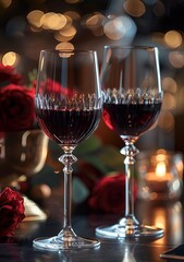In an elegant celebration of indulgence, two crystal wine glasses stand poised, each filled with the rich hue of velvety red wine, their slender stems reflecting the soft glow of c