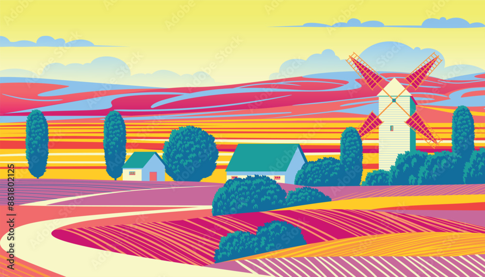 Wall mural Vibrant Acid dreamlike rural landscape with windmill, farms, meadows, fields and hills in the background. Handmade drawing vector illustration. Flat design. Can be used for banners, posters etc.