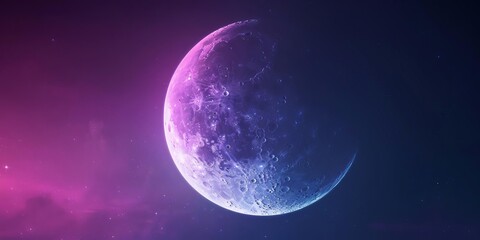 A mesmerizing half moon against a vivid pink and purple cosmic background, showcasing the beauty and mystery of the night sky.