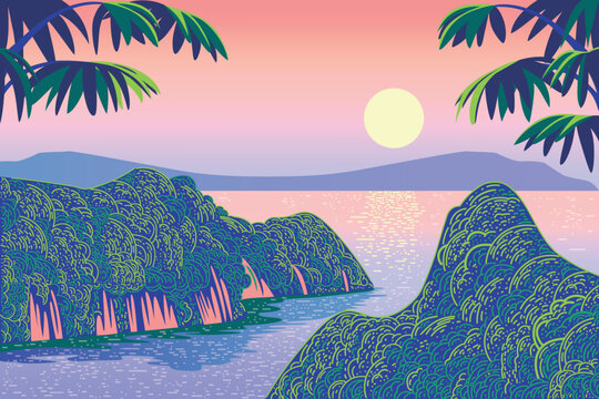 Tropical exotic romantic landscape with traditional jungle and plants in the front and islands and sea in the background. Handmade drawing vector illustration.