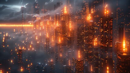 A futuristic cityscape at night with skyscrapers illuminated by glowing lights and surrounded by dense fog, creating a sci-fi ambiance.