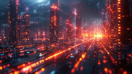 Obraz premium A futuristic cityscape illuminated with vibrant lights, showcasing advanced skyscrapers and a neon-lit skyline at dusk.