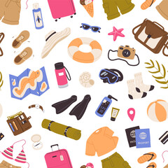 Repeatable pattern of sea travel items. Endless background with summer clothes, suitcase, map, sunglasses, sunscreen. Beach vacations, holiday journey, tourism. Flat seamless vector illustration