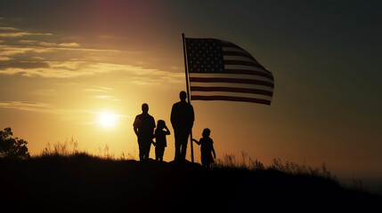 Silhouette of a family on a field on American Independence Day