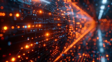 Obraz premium Abstract digital network visualization with vibrant orange and blue lights representing data communication and technology.