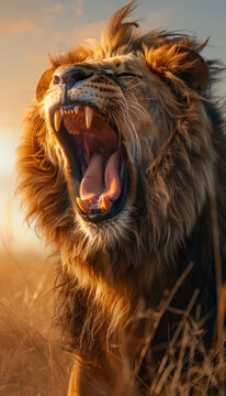 Majestic lion roaring in golden sunset light. Generative AI image