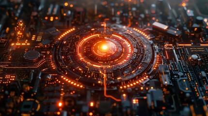 Obraz premium Close-up of a futuristic circuit board with glowing orange lights and intricate details. High-tech interface concept for innovation and technology.