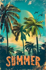 Obraz premium vintage-tropical summer style poster with palm trees and the sun setting over an ocean