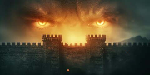 Naklejka premium Glowing vampire with fangs bared, close up, menacing look, ethereal, Double exposure, dark castle backdrop