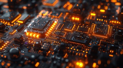 Close-up view of high-tech electronic circuit board with glowing orange lights, representing advanced technology and digital concepts.