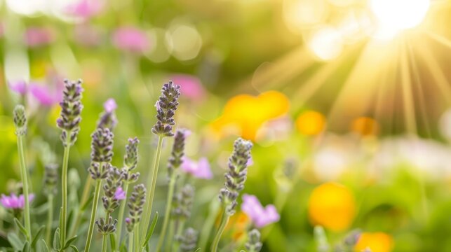 Closeup of aromatic flowers in a bed, detailed and vibrant, peaceful natural elements
