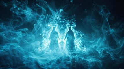 A mystical image depicting two ethereal figures surrounded by blue smoke, conveying an otherworldly and spiritual atmosphere.