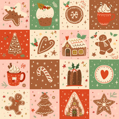 Materiał do szycia Christmas patchwork seamless pattern with Christmas dessert. Gingerbread houses, cookies hand drawn in winter holiday mosaic background. Tasty quilt vector print, wallpaper, wrap, gift paper, textile.