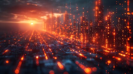 Fototapeta premium Futuristic cityscape at sunset with glowing lights, representing advanced technology and digital innovation.