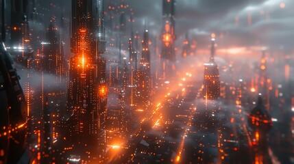 Obraz premium Futuristic cityscape with towering skyscrapers and neon lights in a cyberpunk style, shrouded in mist and a glowing ambiance.