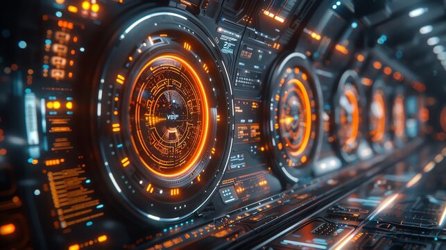 Futuristic cockpit with glowing orange and blue control panels, high-tech interface in a spaceship or advanced simulation environment.