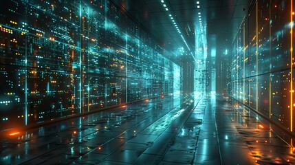Futuristic data center corridor with glowing servers and neon lights, illustrating digital technology and cyber security.