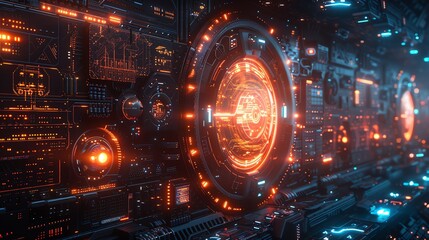 Futuristic digital interface with glowing orange and blue elements, representing advanced technology and innovation.