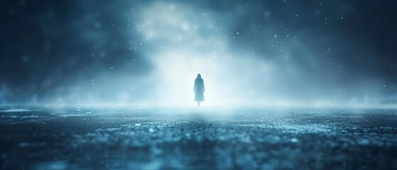 A solitary figure stands in a misty, ethereal landscape, surrounded by a dreamlike fog and mysterious light.