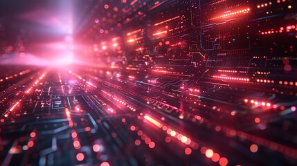 Futuristic neon lights on a circuit board, representing digital data, technology, and innovation with a red and pink glow.