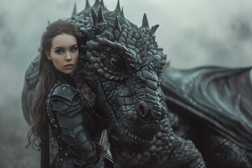 Fototapeta premium woman dragon rider , posing next to her huge black dragon , foggy background, medieval fantasy style outfit, leather armor, fictional character
