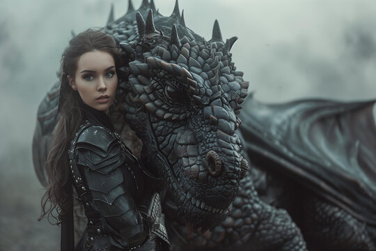  woman dragon rider , posing next to her huge black dragon , foggy background, medieval fantasy style outfit, leather armor, fictional character