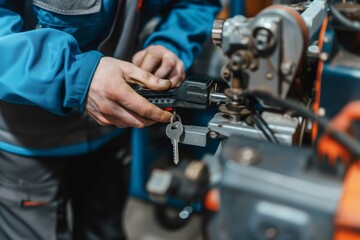 Locksmith cutting car key with his machine One man, locksmith cutting car key with his machine in workshop